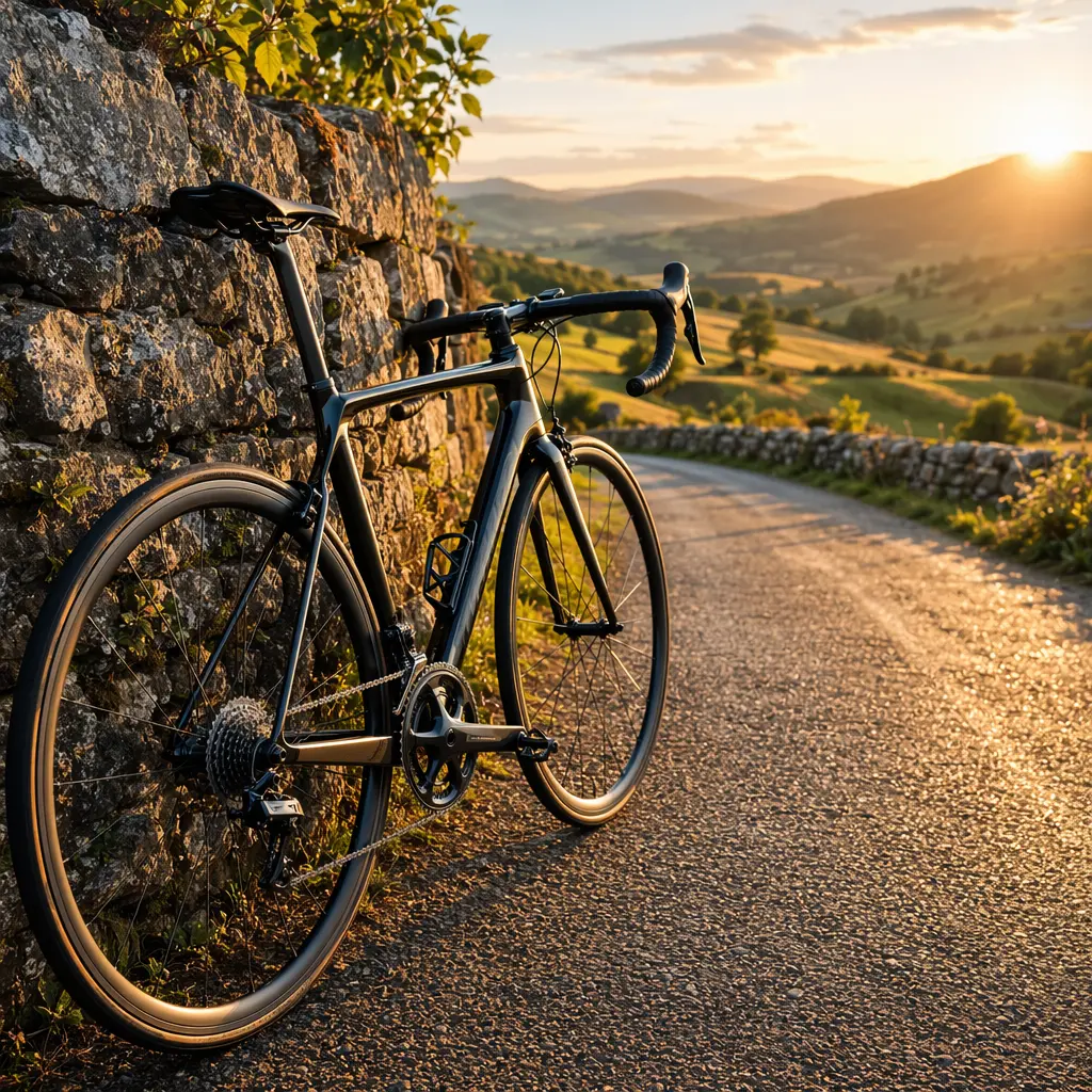 A road bike resting on a quiet rural lane in warm evening sunlight.