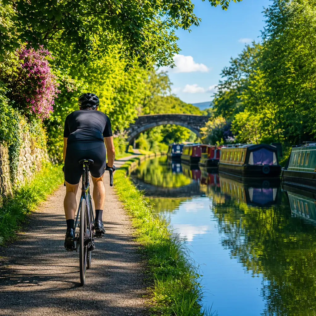 A road bike being ridden beside a canal in bright daytime conditions.