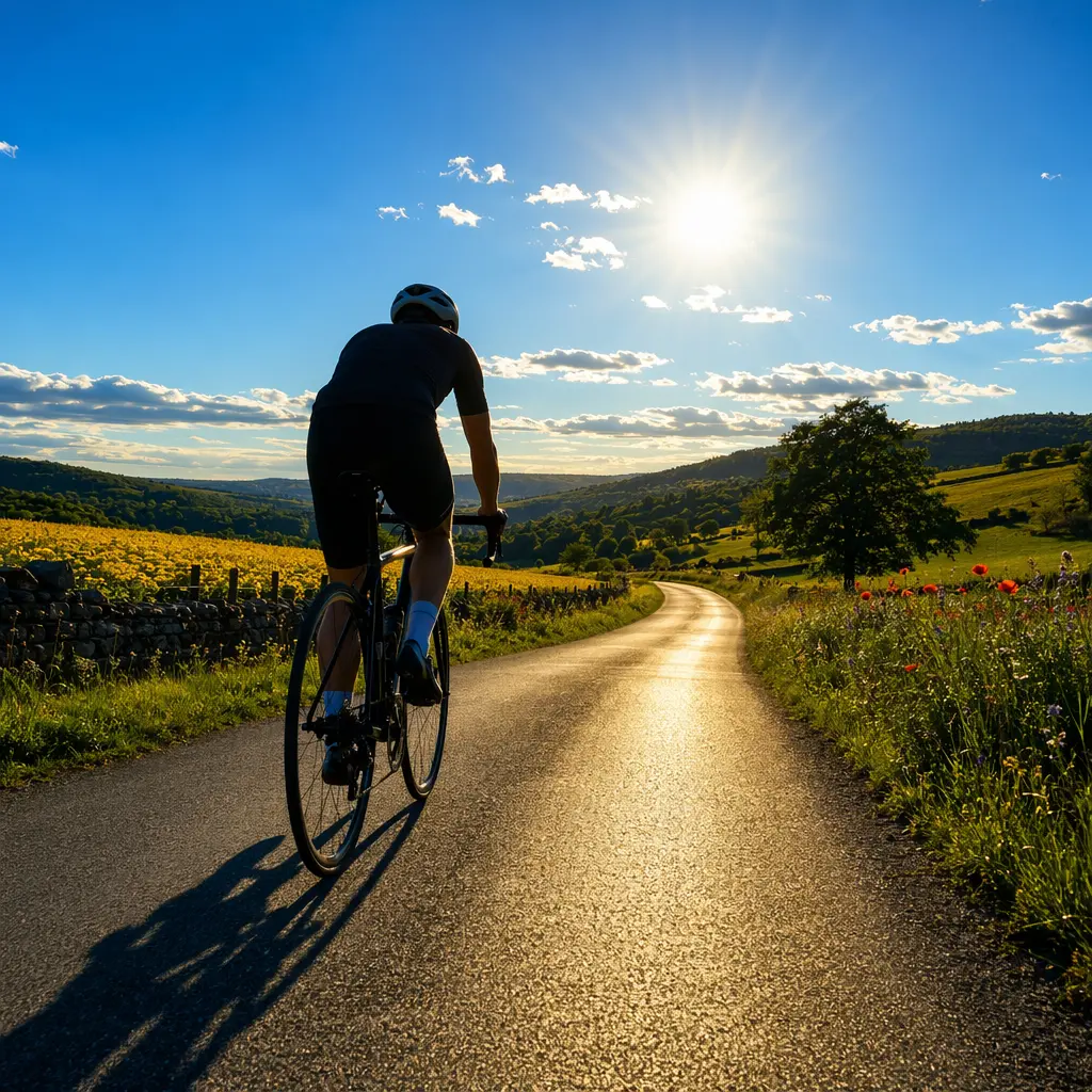 A road bike being ridden along a sunny UK country lane, backlit with a bright blue sky.