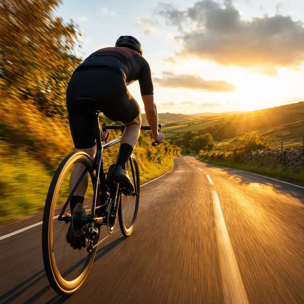 A rider training on a quiet country lane on a drop-bar road bike in warm evening light.