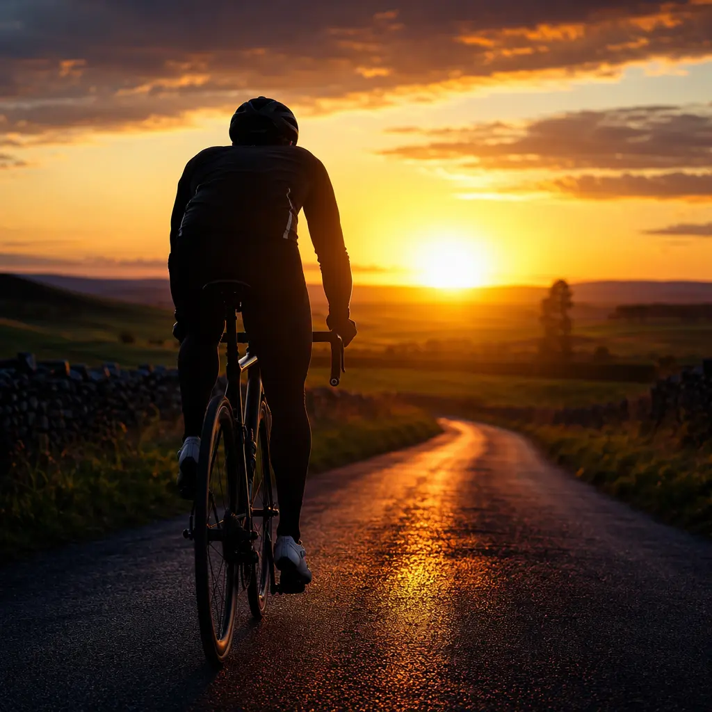 Silhouetted rider on a road bike riding along a sunlit country lane
