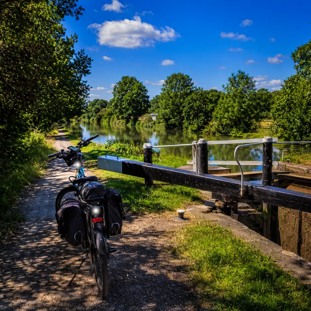 Commuter bike by a canal towpath in bright summer light, fitted with panniers, lights and a robust lock.