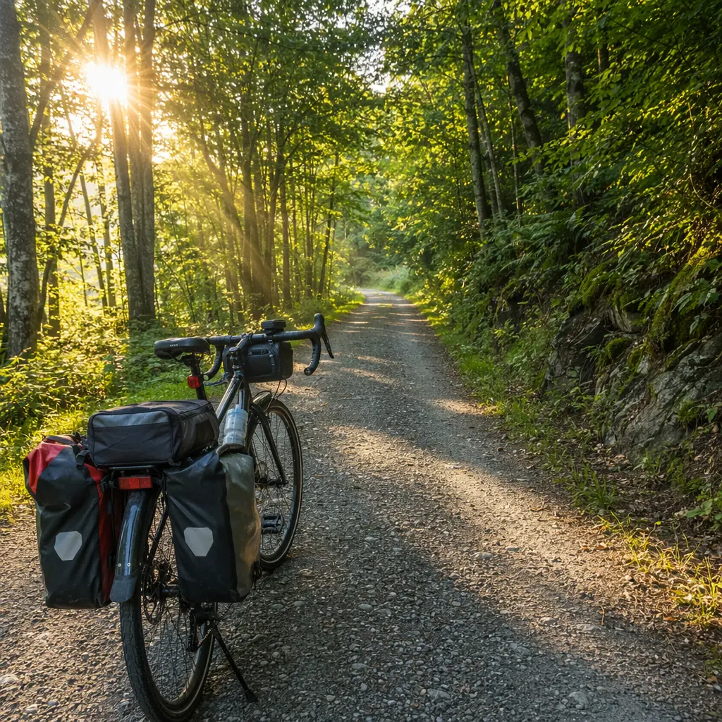 Touring bike on a woodland gravel path in warm morning light, fitted with rack and panniers.