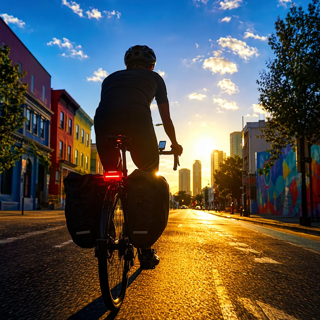 Silhouetted cyclist riding through a sunlit city street with quality accessories fitted, glowing in golden-hour light.