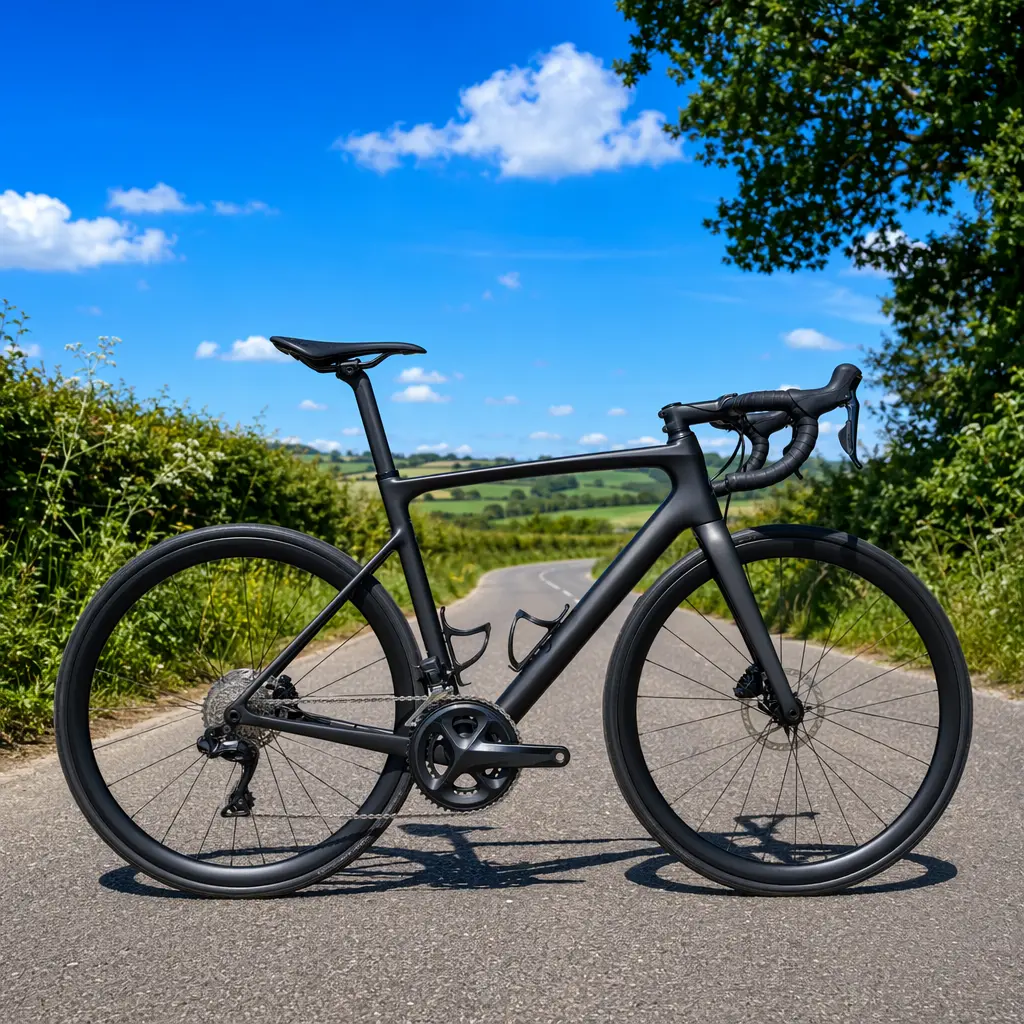 Side view of an endurance road bike on a sunny British B-road