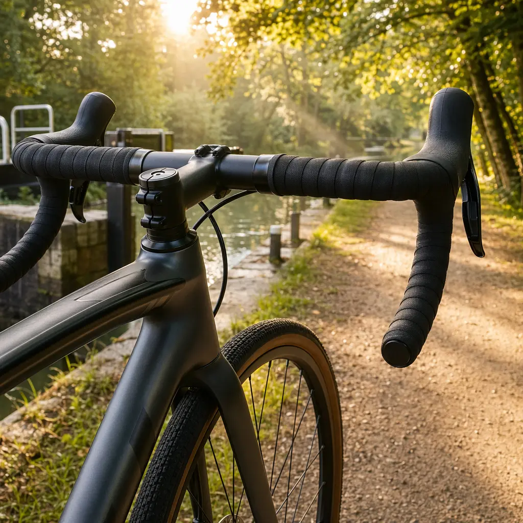 Detail shot of an endurance road bike cockpit and fork in warm morning light
