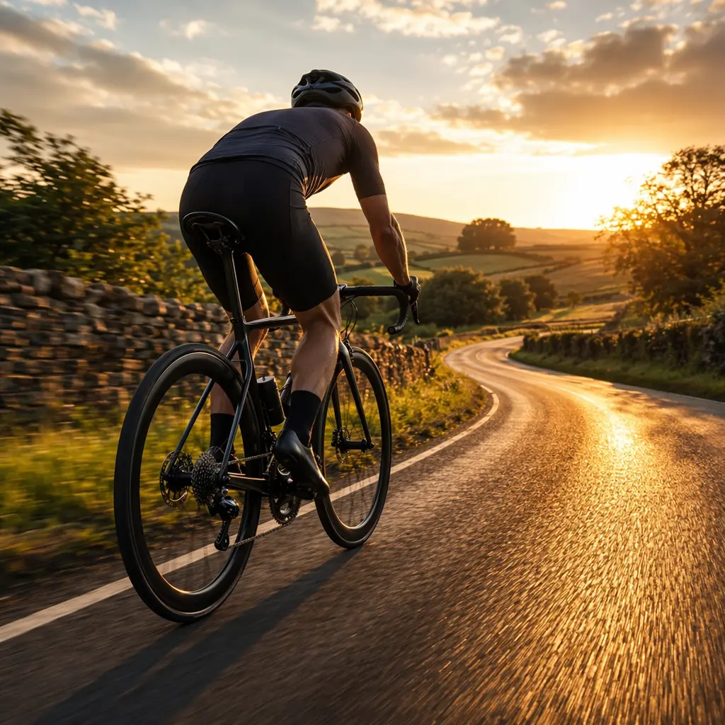 An endurance road bike ridden briskly along a sunlit country lane at golden hour