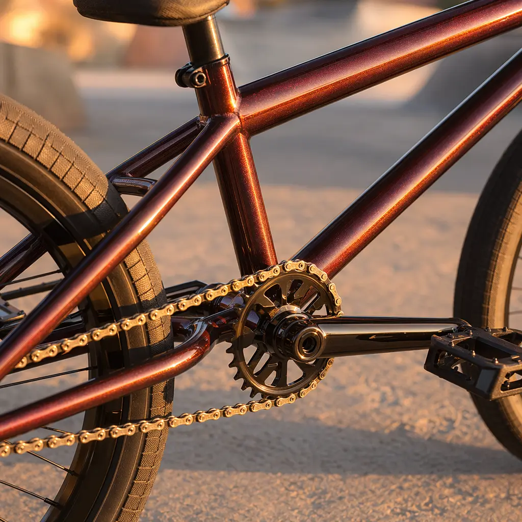Golden-hour close-up of a premium BMX frame and components on smooth concrete.