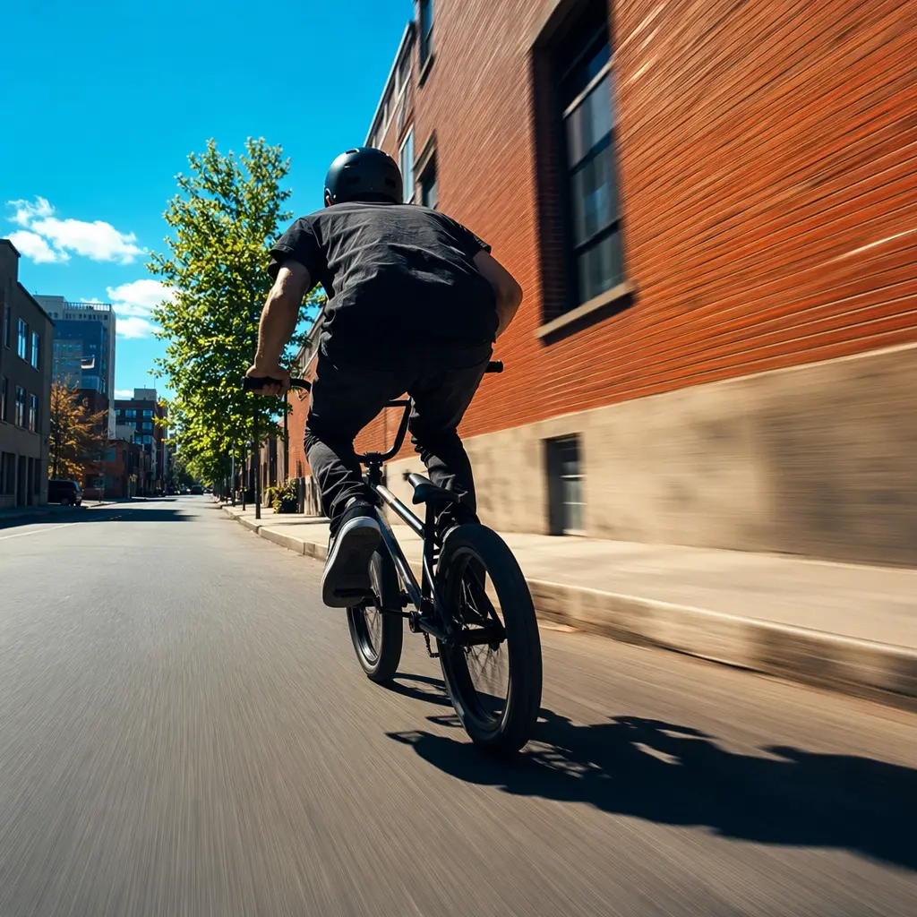 A BMX bike being ridden along a sunlit urban street with strong daytime colour and shadows.