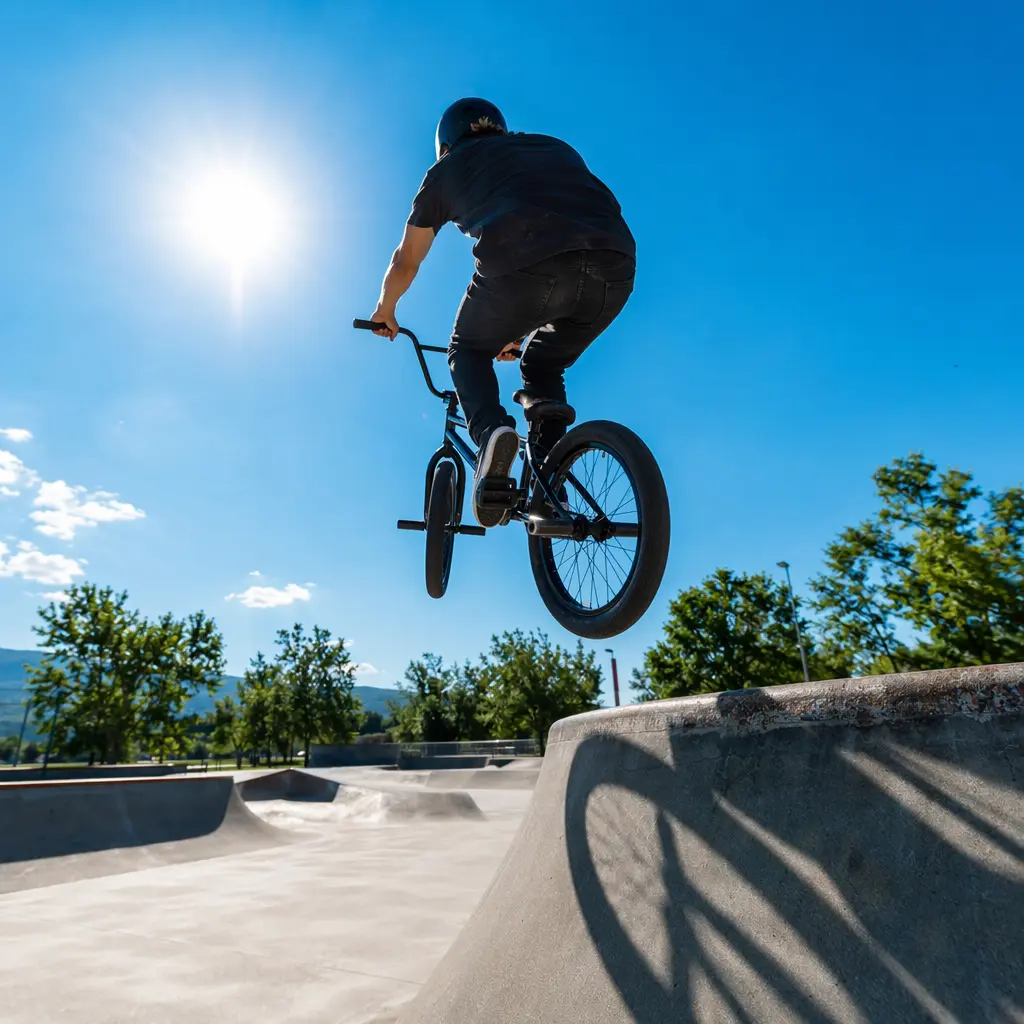 A high-end BMX bike in action at a skatepark, shown in bright summer light with a rider silhouette from behind.
