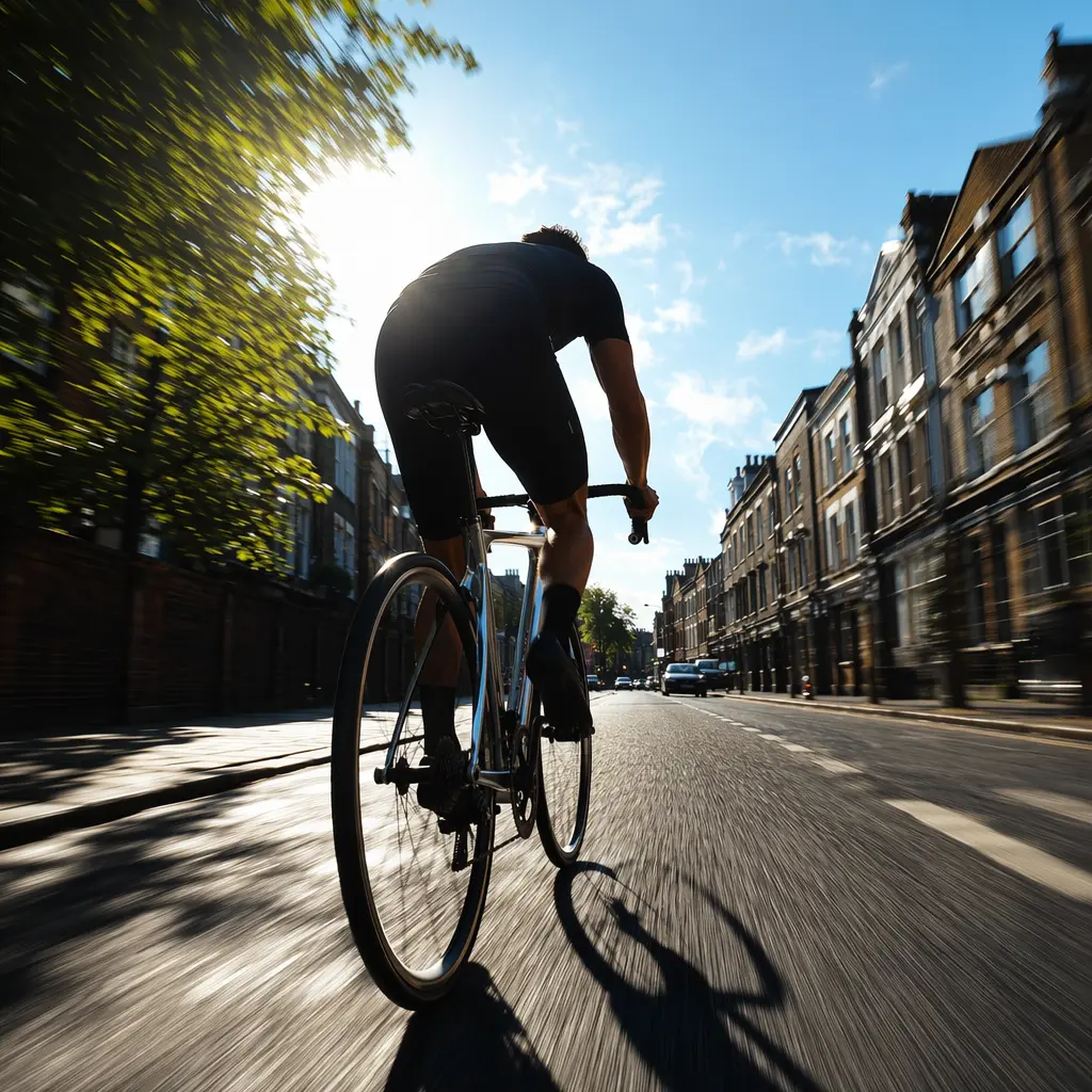 Silhouette of a rider accelerating on an aluminium road bike under bright summer light