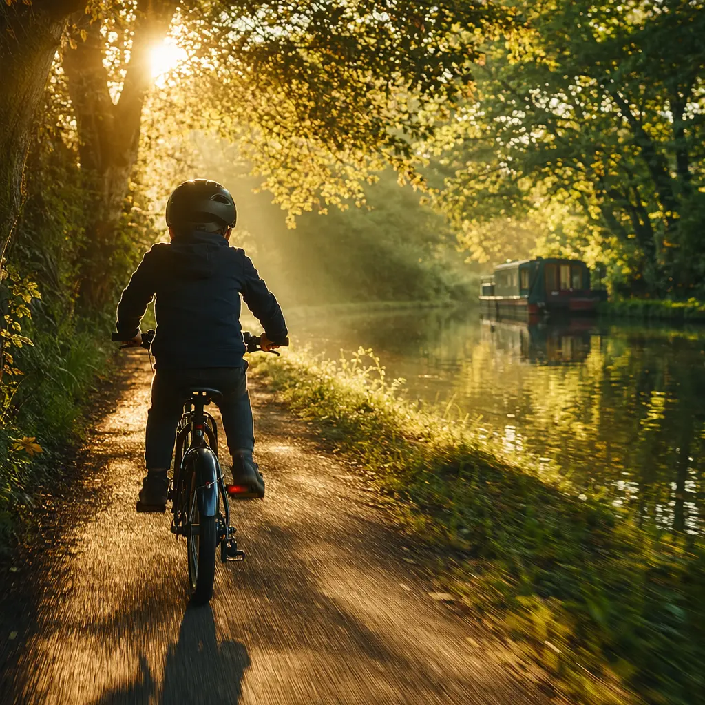 A kids’ bike with mudguards being ridden along a sunny canal towpath