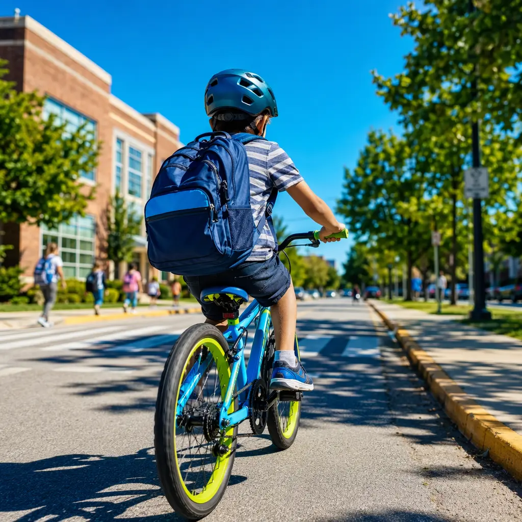 A child riding a bike along a sunny residential street on the way to school