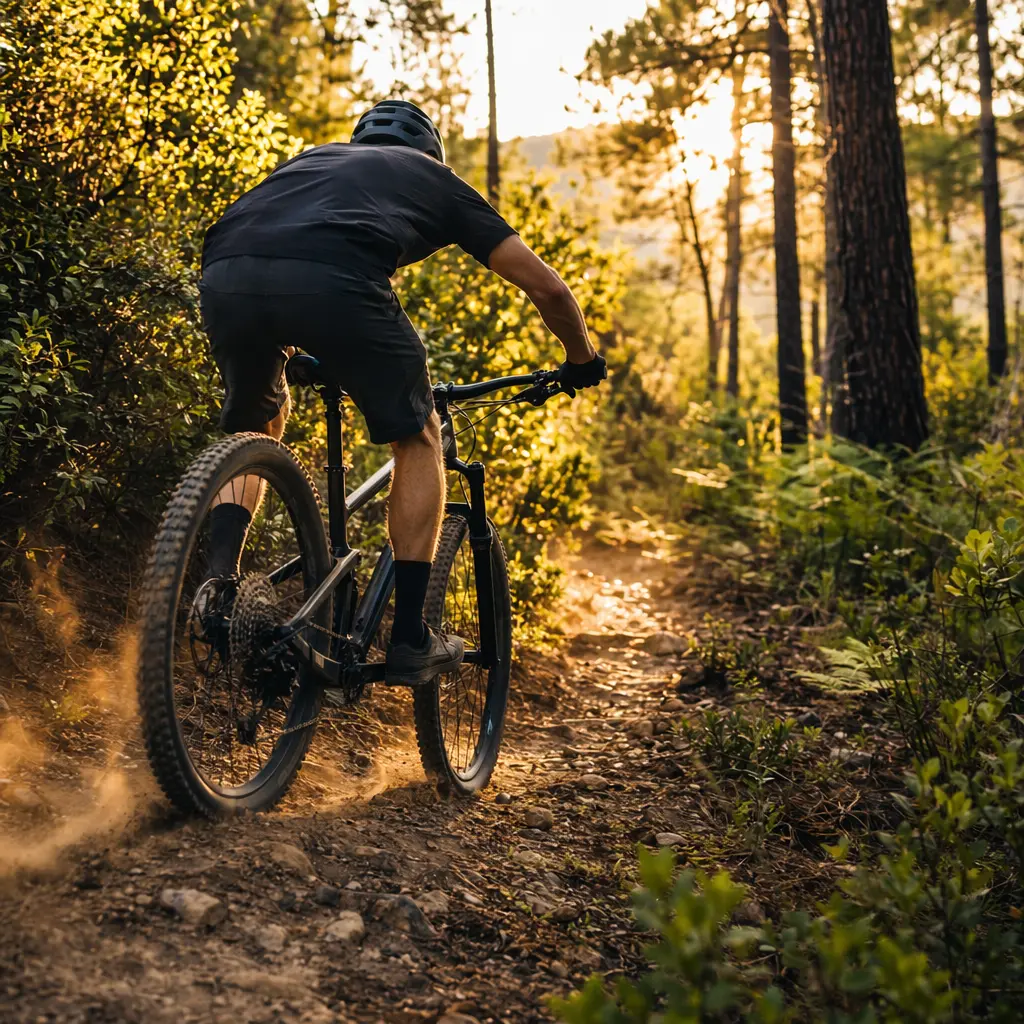 A modern hardtail mountain bike ridden on a woodland trail in warm golden-hour light.