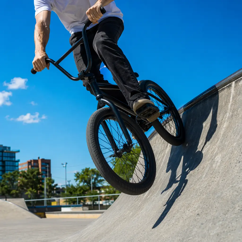 Side view of a BMX bike carving a concrete transition under a bright blue sky