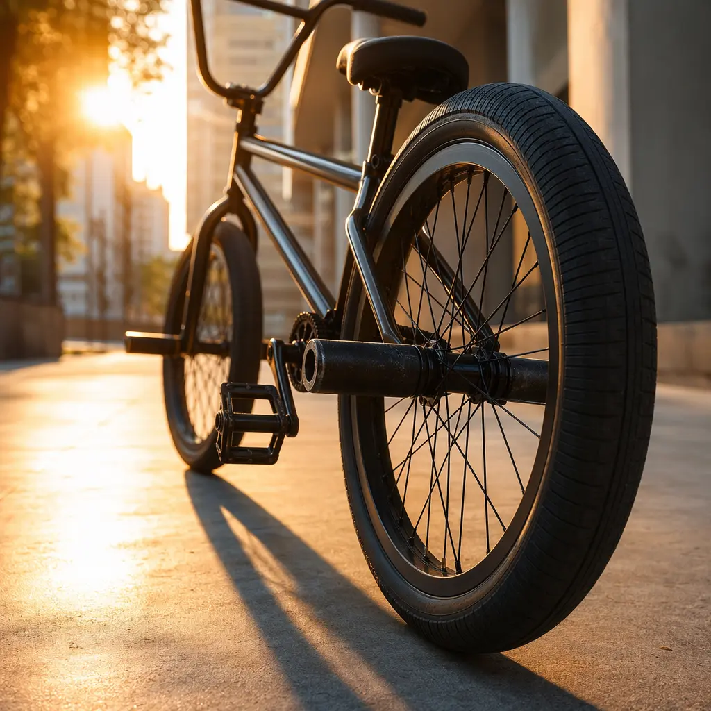 Close-up of a BMX rear wheel and peg lit by warm morning sun in an urban setting