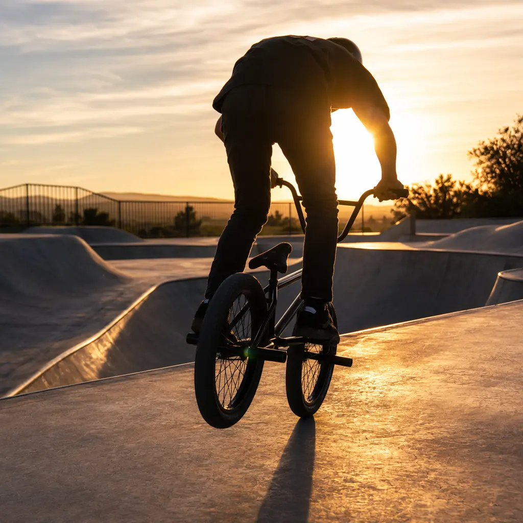 A BMX rider silhouetted at golden hour entering a concrete skatepark on a compact freestyle bike