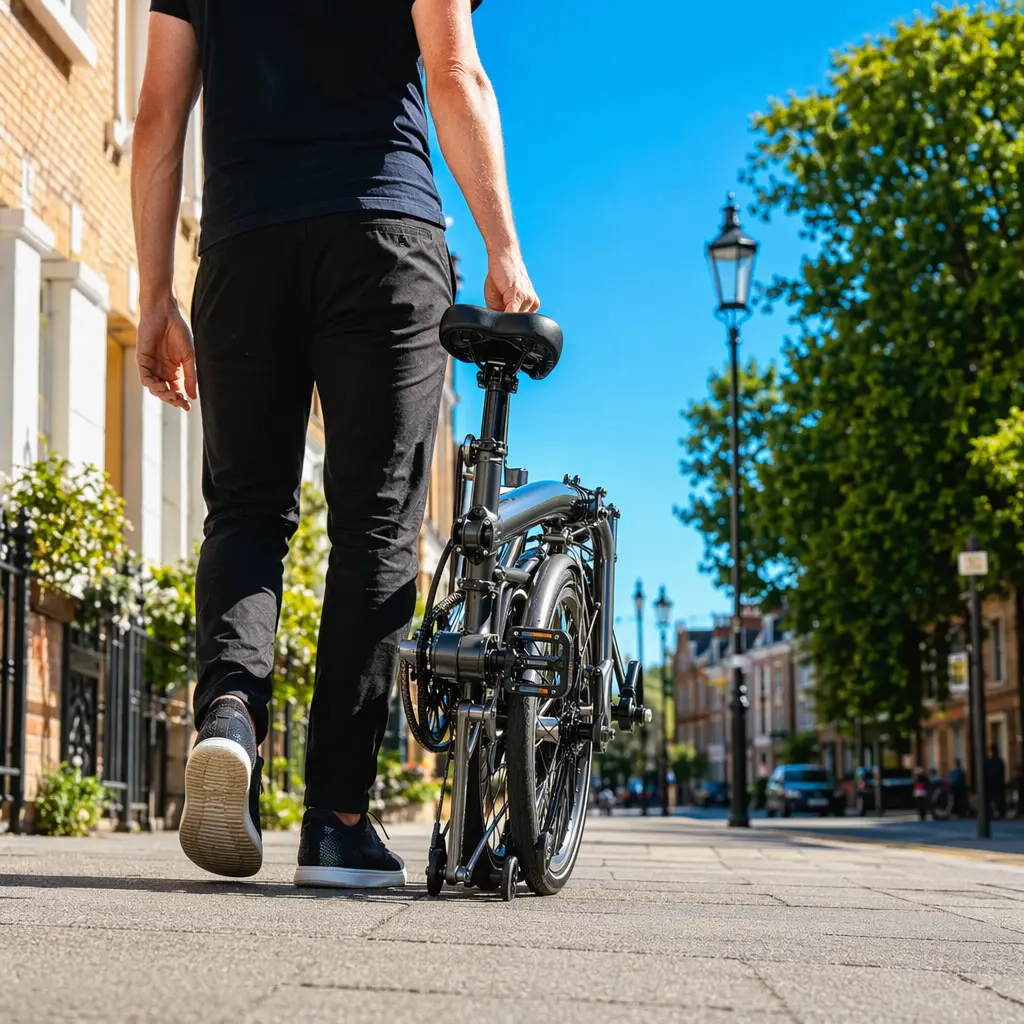 A compact 20-inch folding bike in bright summer light, being wheeled along a city street