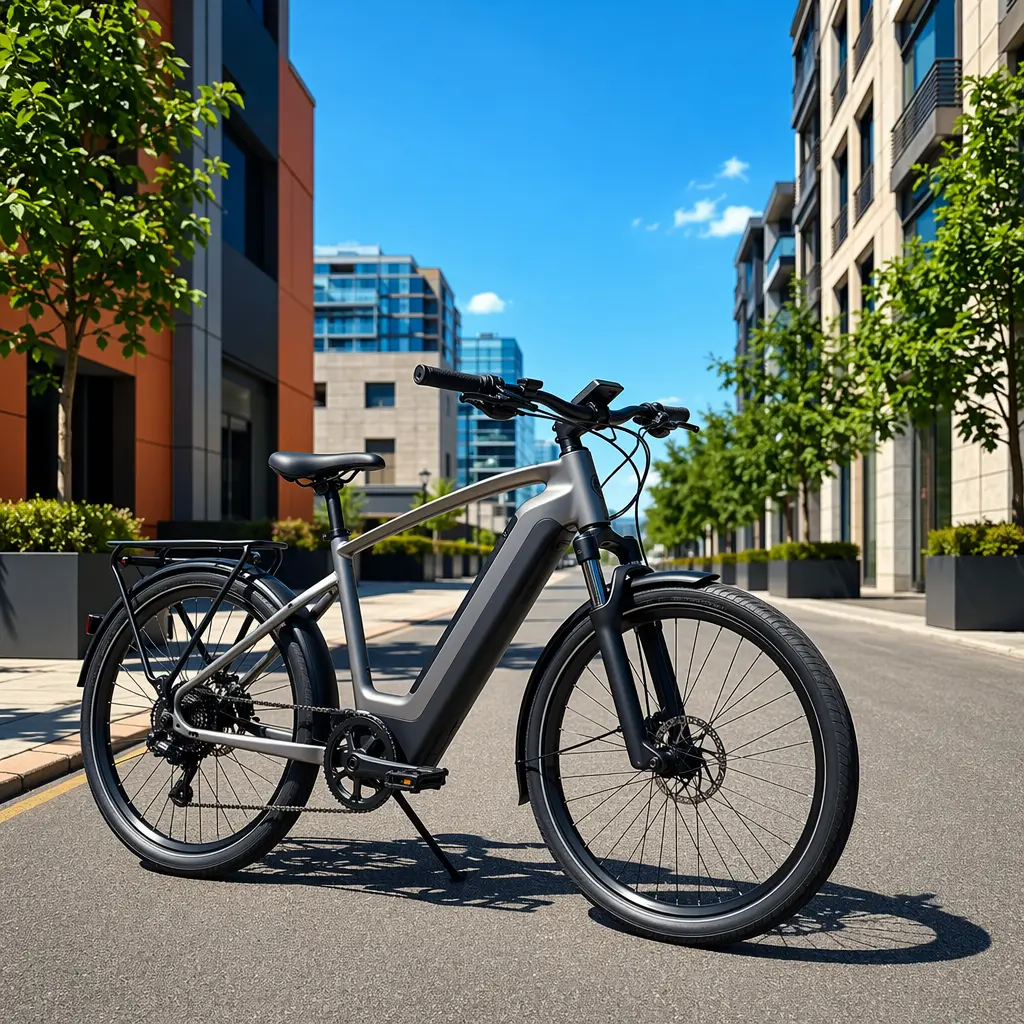 High-end electric bike on a sunny city street under a blue sky