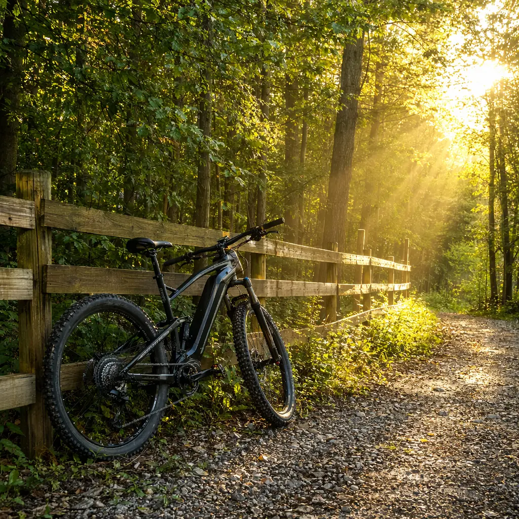 Electric bike on a woodland path in warm morning sunlight