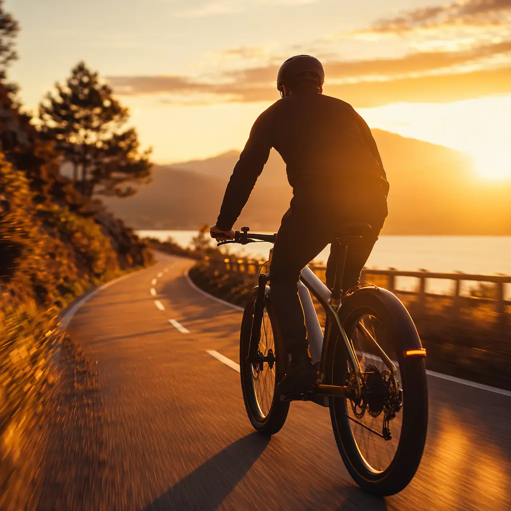 Rider silhouette on an electric bike at sunset, highlighting a premium e‑bike in warm light