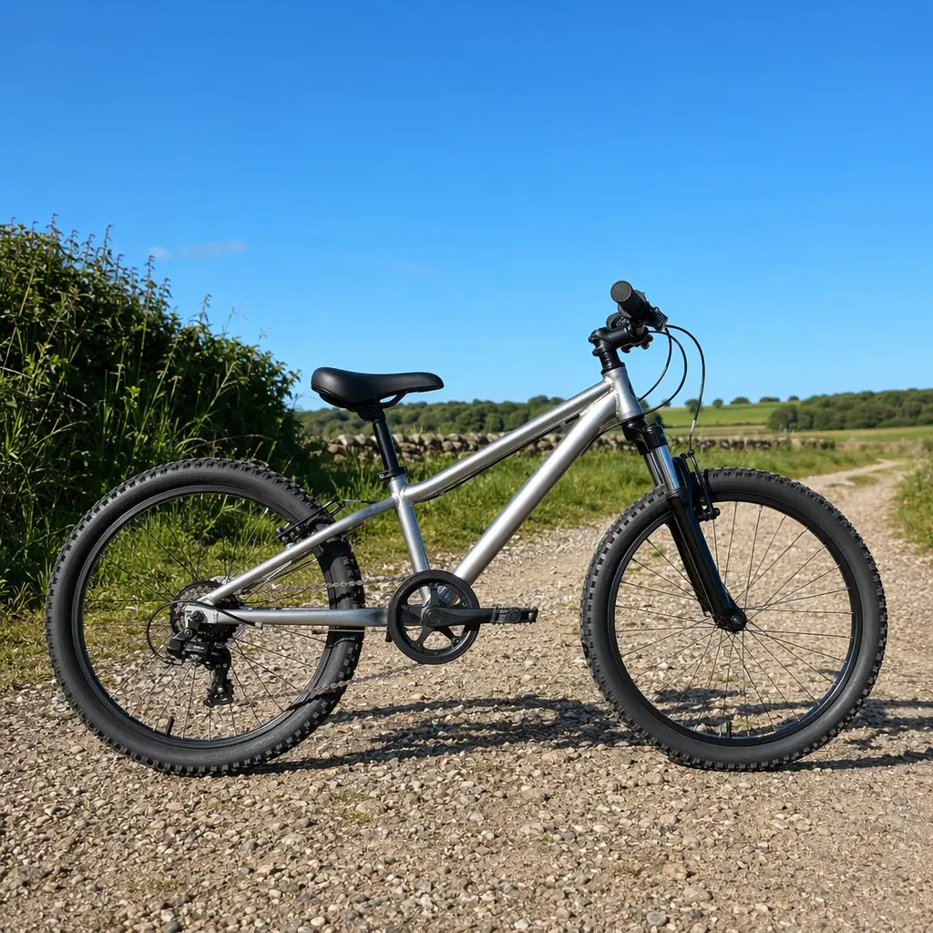 Side view of a kids’ trail bike in bright summer light