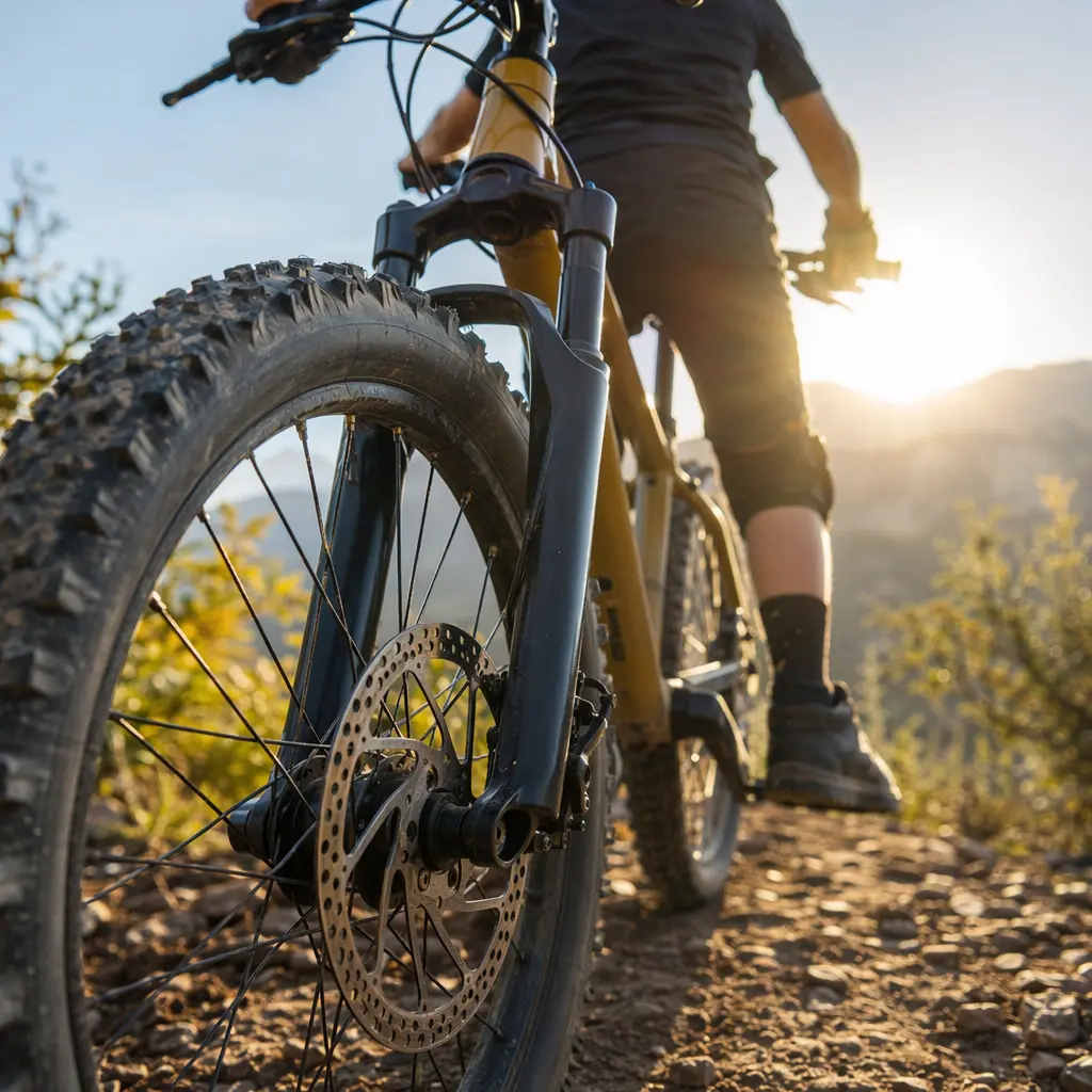 Detail of a kids’ mountain bike showing tyre tread and disc brake