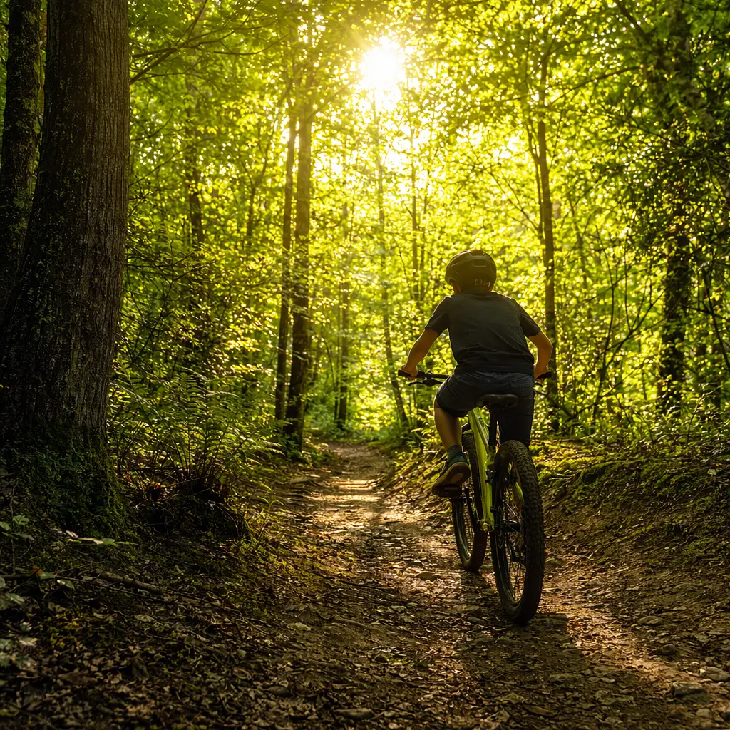 A child riding a trail‑ready kids’ mountain bike on a sunny woodland path