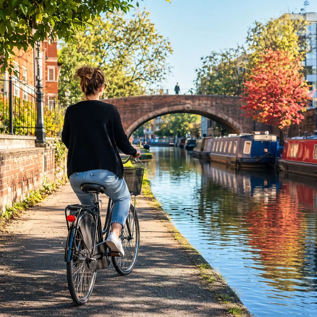 An upright city bike with mudguards and a chaincase cruising a bright canal towpath in summer light.