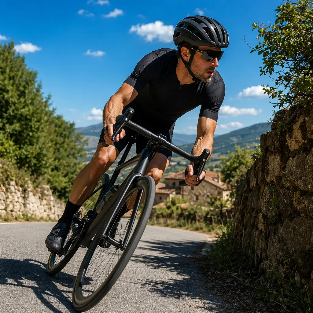 Modern carbon road bike cornering on a sunny country lane