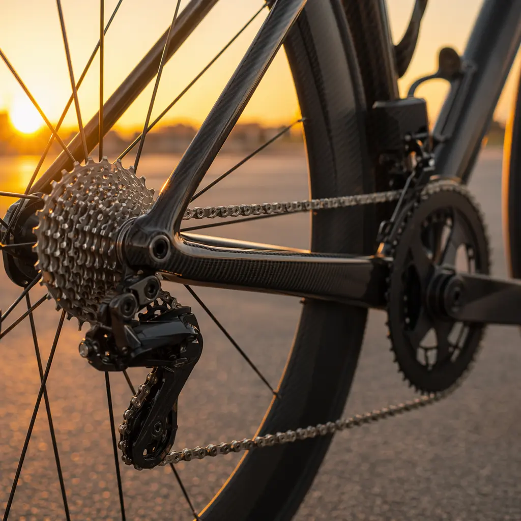 Close-up of carbon road bike drivetrain in warm evening light