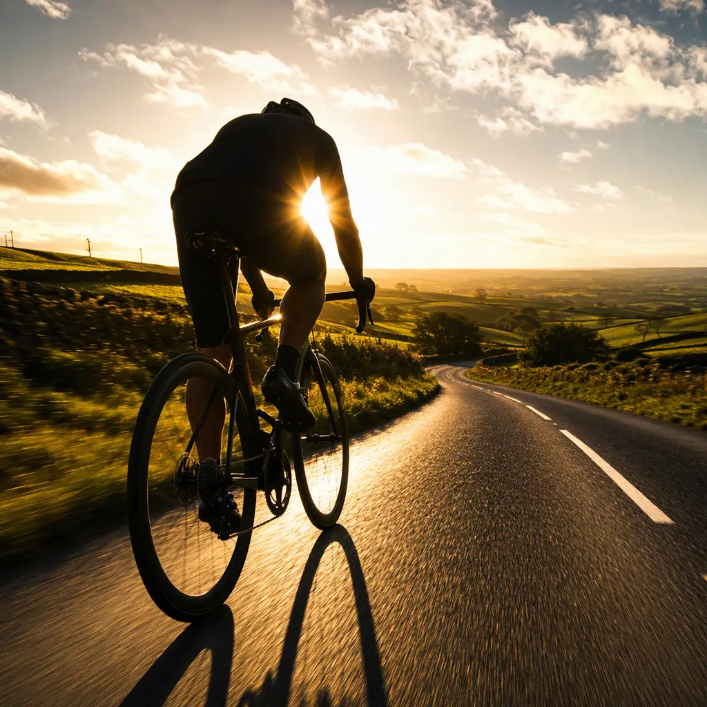 Silhouetted rider on a sleek carbon road bike at sunset on a UK road