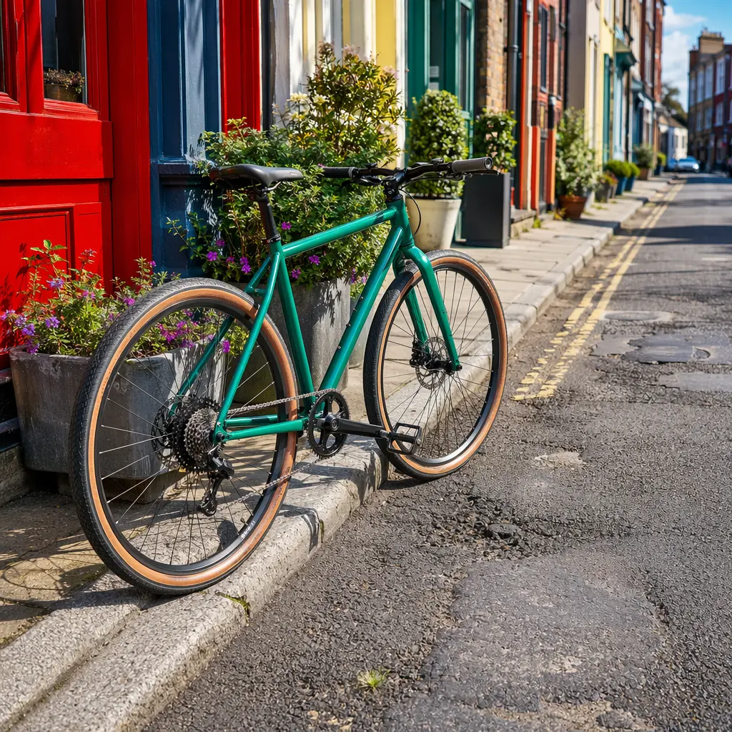 All‑roads bike shown on a sunlit city street with rough tarmac
