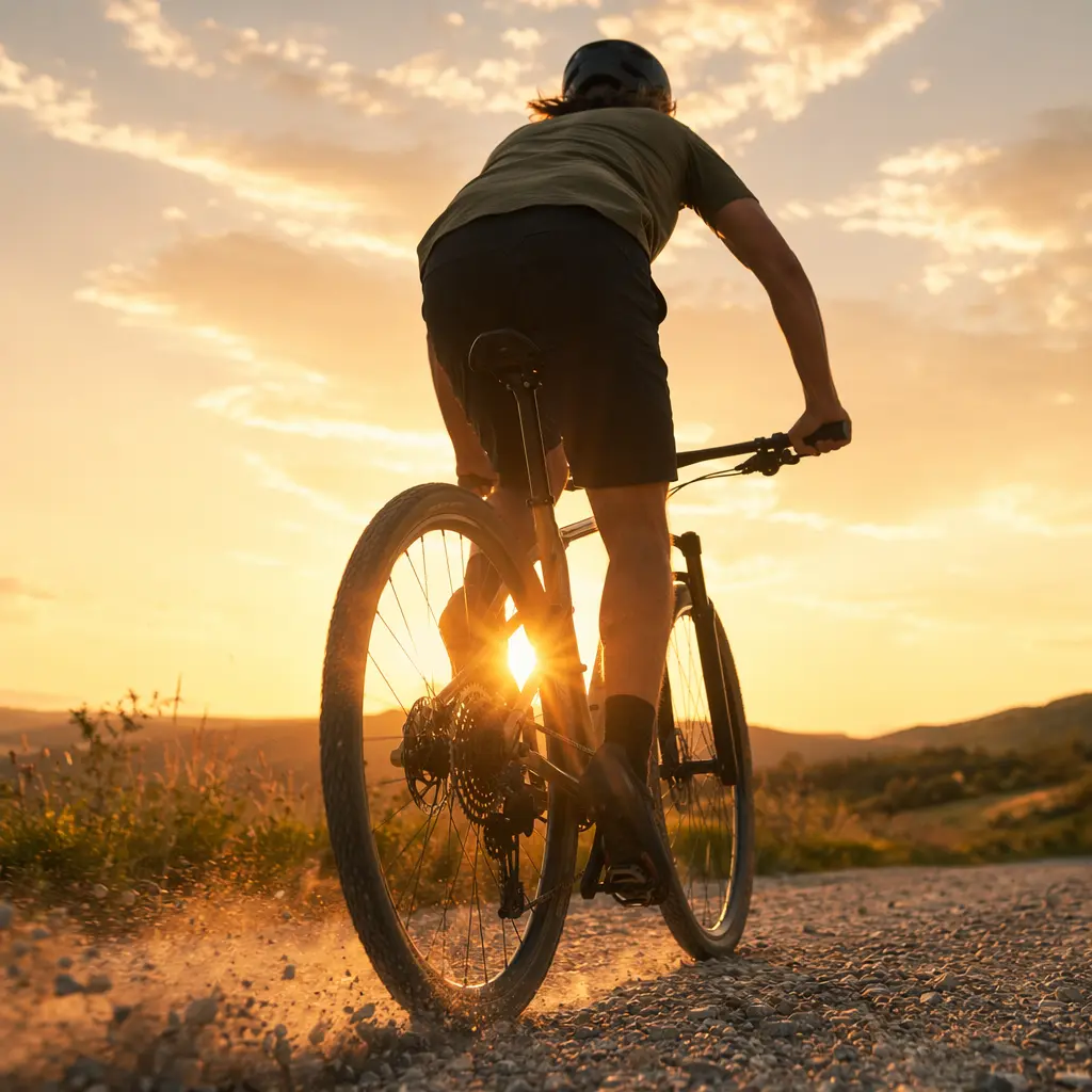 Rear view of a flat‑bar all‑roads bike riding a gravel track at golden hour