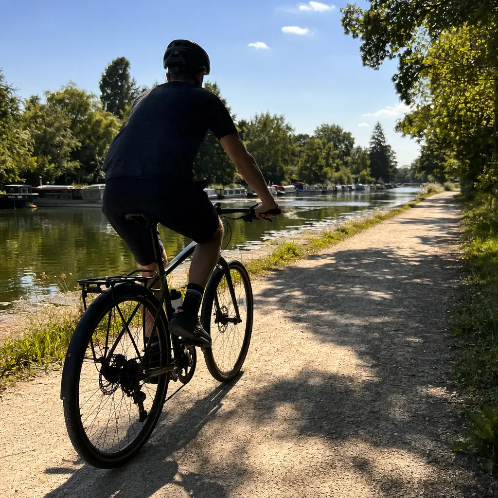 Flat‑bar all‑roads bike on a sunny canal towpath under a bright blue sky
