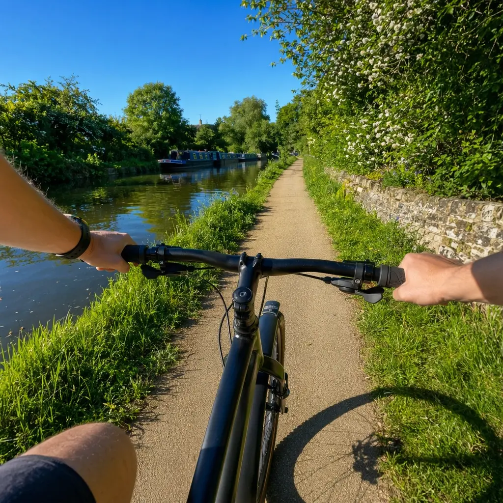 Hybrid bike commuting along a sunny canal towpath with mudguards
