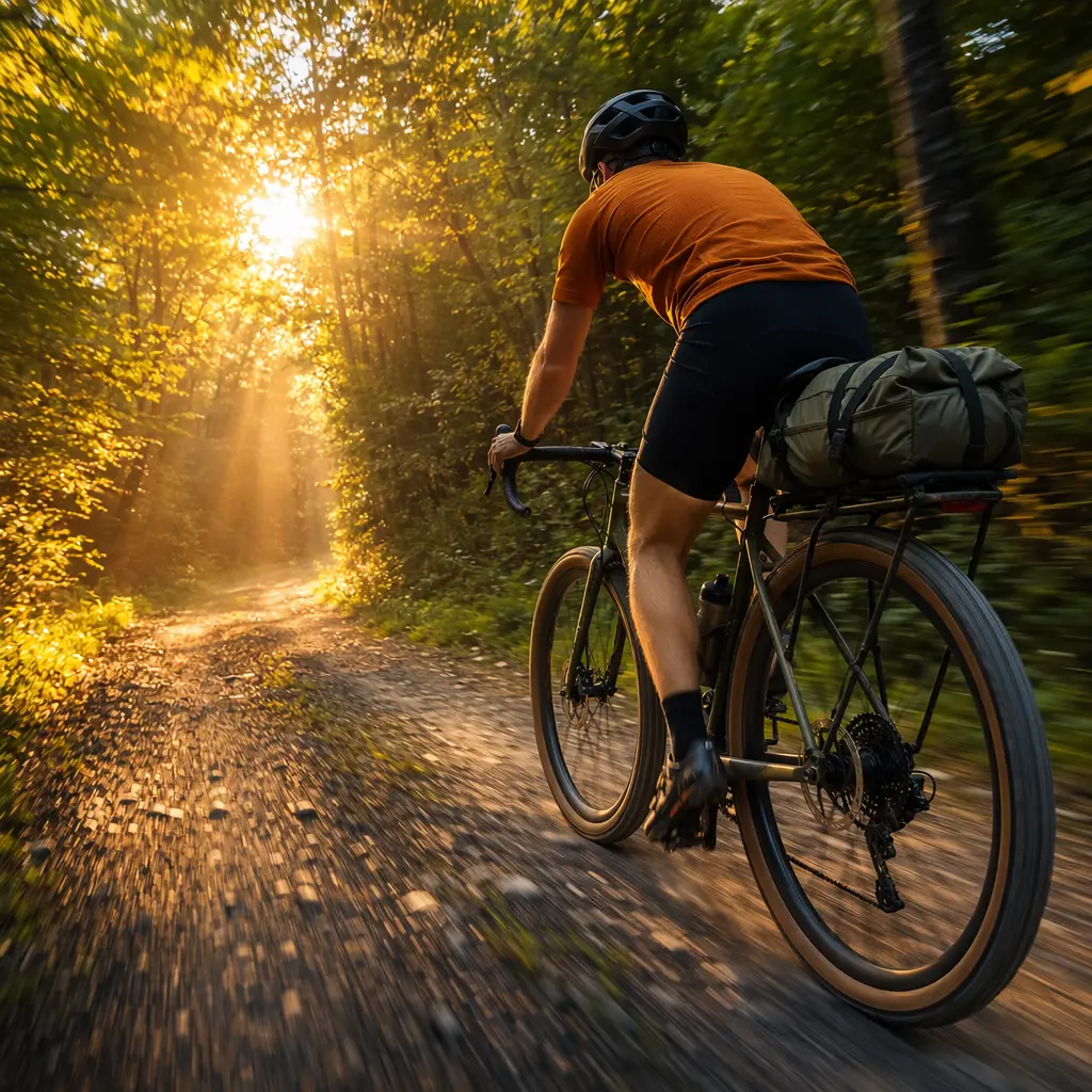 Gravel bike set up for commuting on a sunlit gravel track
