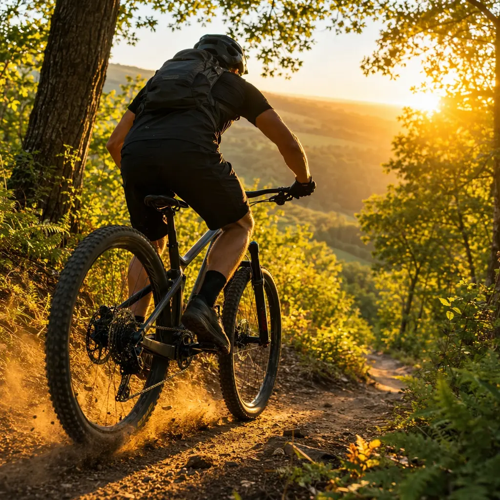 A hardtail mountain bike being ridden on a woodland trail at golden hour