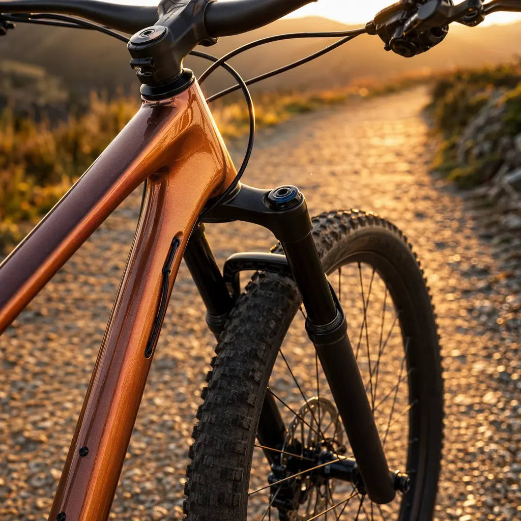 Detail view of a premium hardtail mountain bike frame in warm evening light