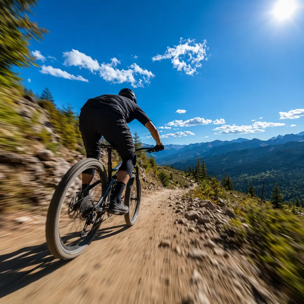 Hardtail mountain bike descending a trail centre track under bright blue skies