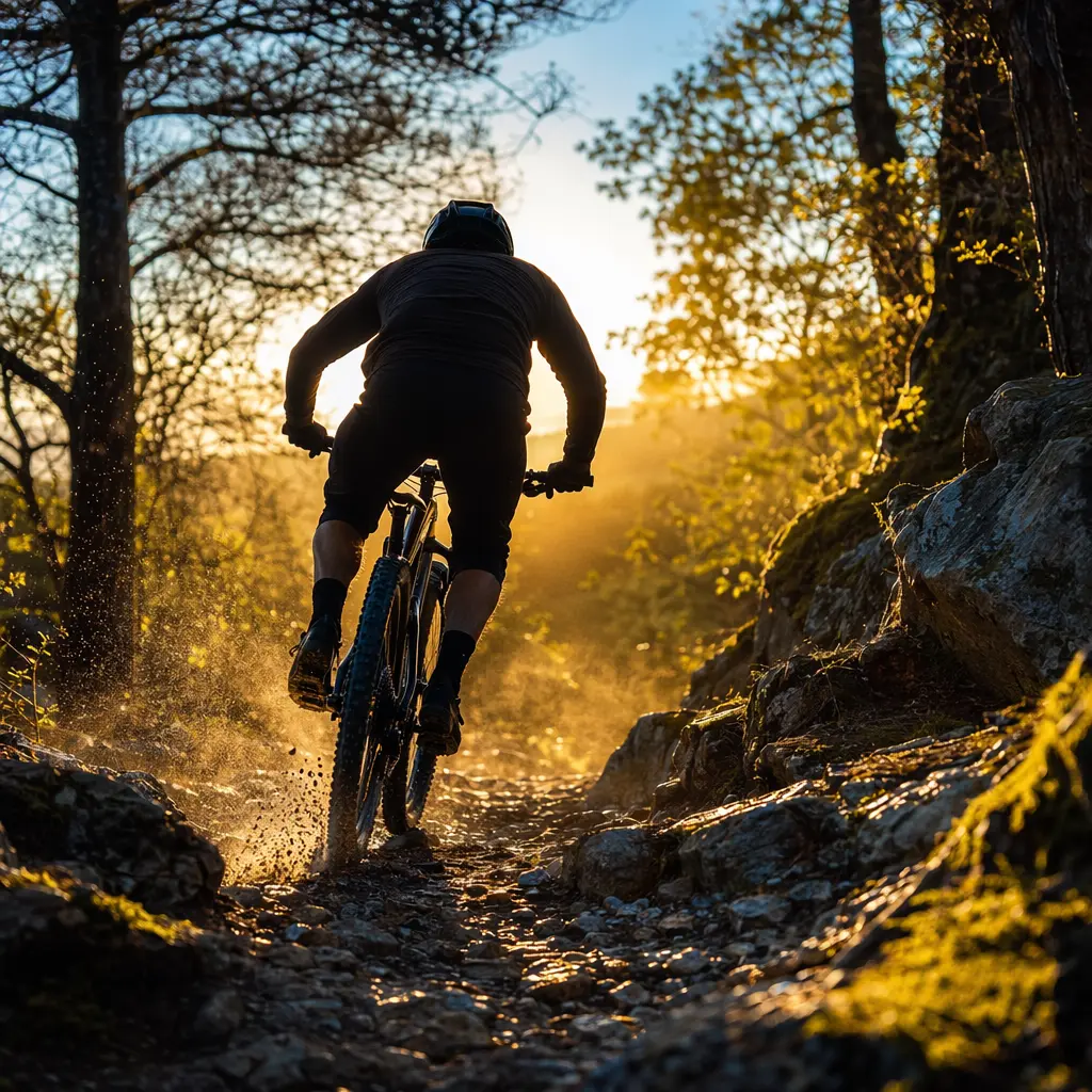 High-end hardtail mountain bike on a sunlit woodland trail, rider silhouette from behind