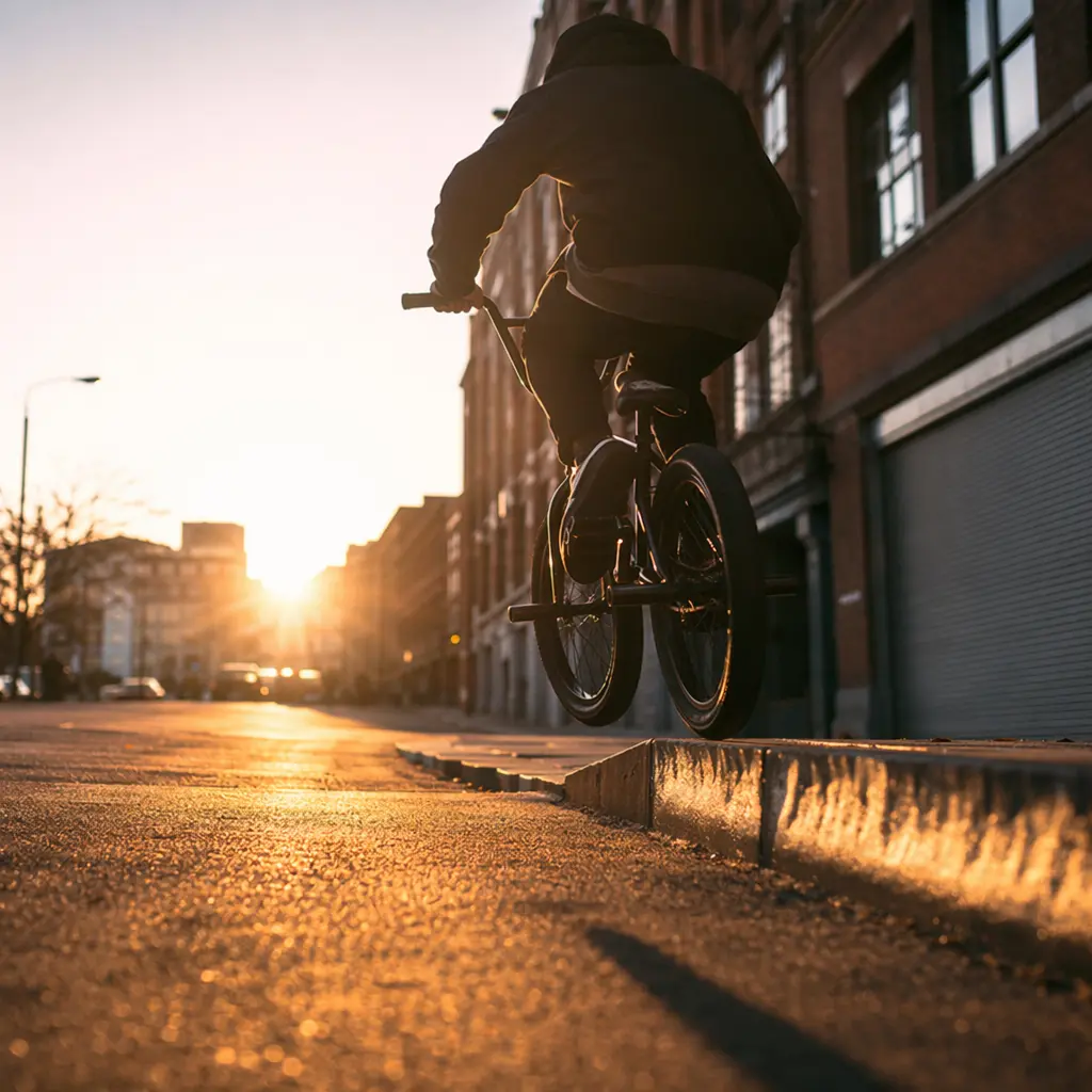 Street‑style BMX bike in warm golden‑hour light on an urban street