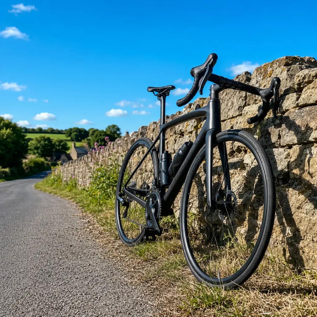 Road bike resting by a stone wall on a bright summer day