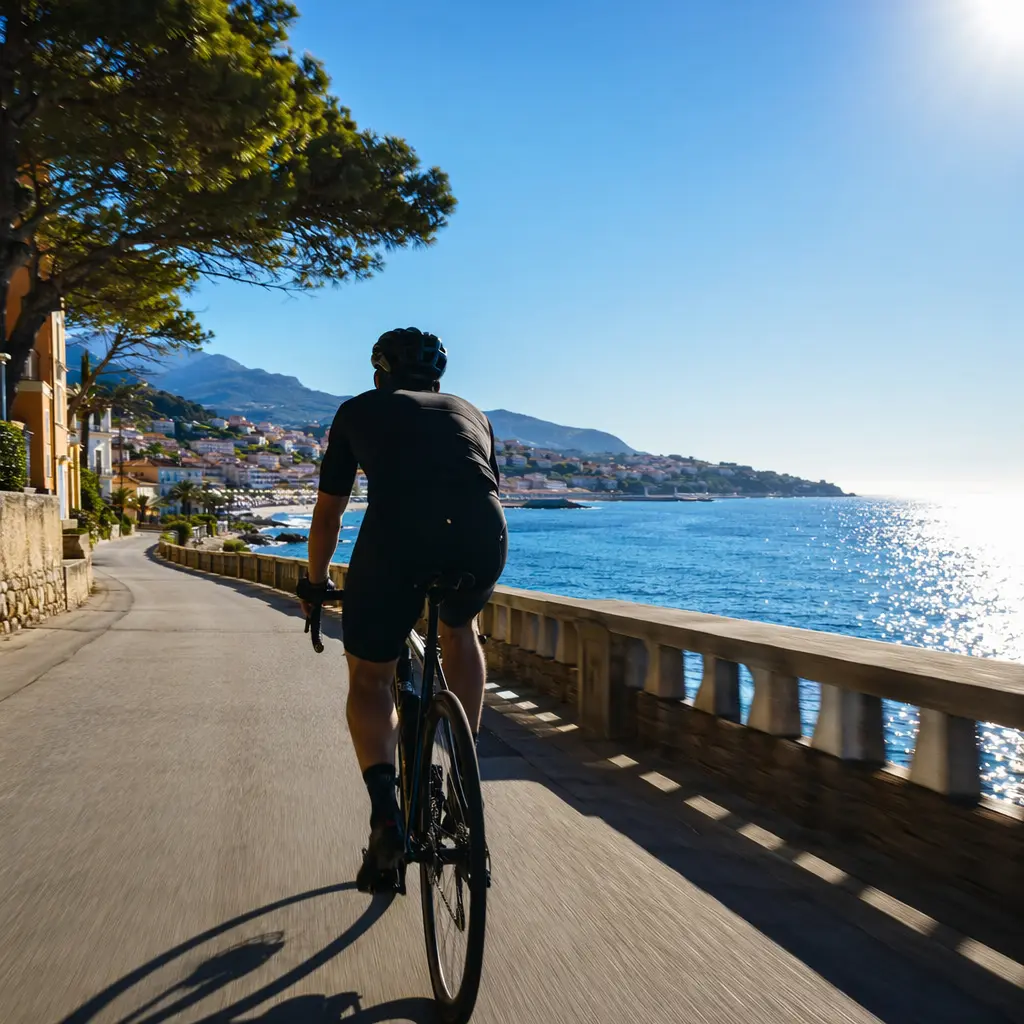 Silhouette of a cyclist riding along a sunny coastal path