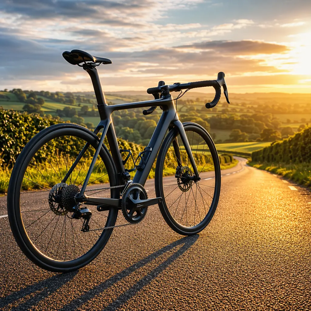 High-end road bike on a sunlit country lane at golden hour