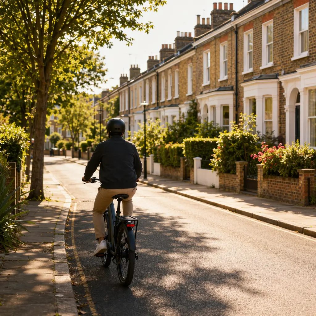 An entry-level electric bike used for town commuting on a bright day