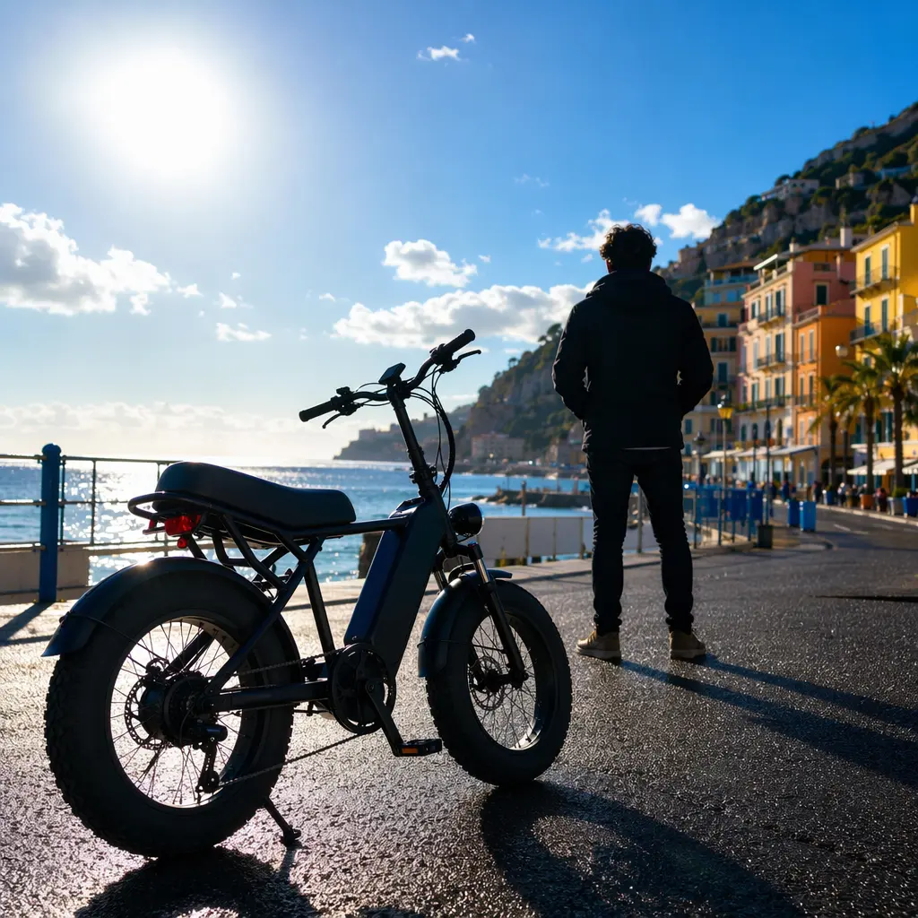A budget e-bike used for everyday travel in a sunny coastal town