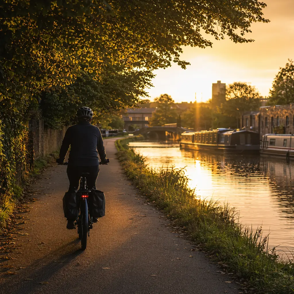 E‑bike riding along a sunny canal towpath in a UK town