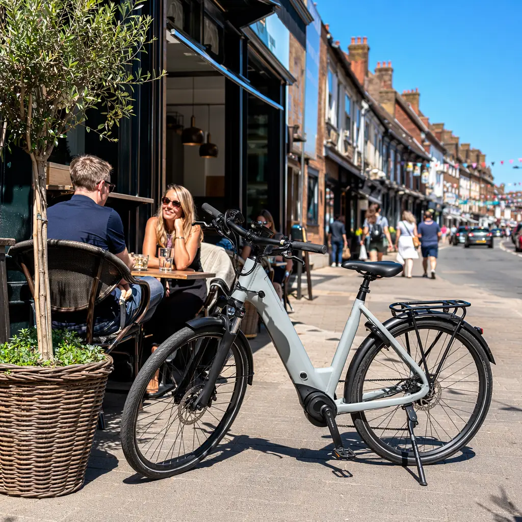 High-end e‑bike parked on a sunny UK high street