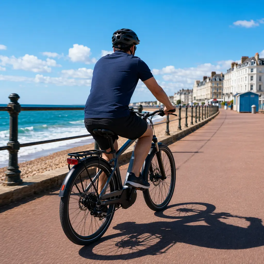 Electric bike being ridden along a bright, sunny UK seafront